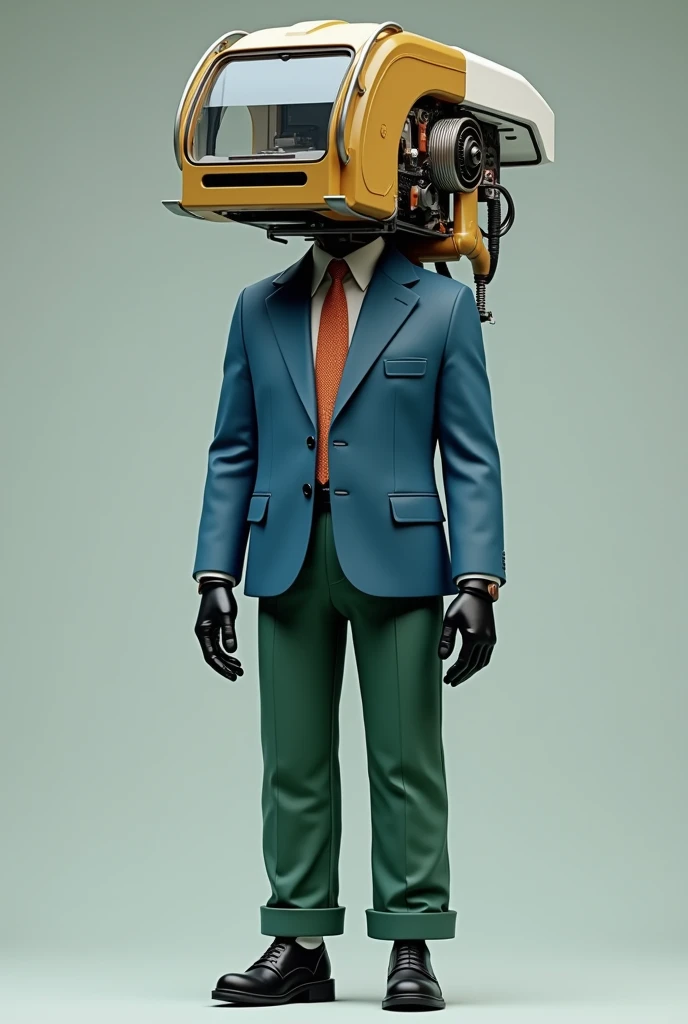 A humanoid being with the main characteristic of having a head replaced by a garbage truck, he wears a blue suit with a blue tie and green pants, he wears black leather gloves and shoes