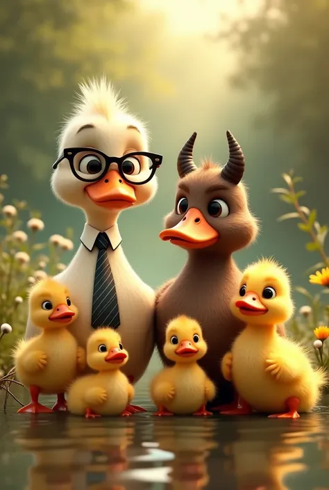 Generates the image of a family of ducks. One with glasses and tie, another brown duck with devil horns and three baby ducklings.
