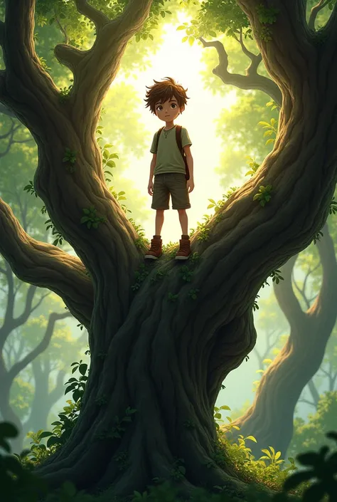 A boy standing on tree