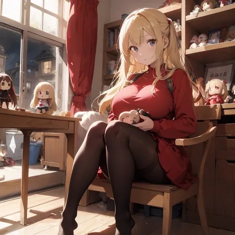 1 female, teenage girl, red long sleeve dress, blonde long hair, rosa cheeks, doll store, playing a dolls, sad face, huge breast, lonely, in darkest sky, black, tear in her face, fear, sitting in the chair, pantyhose