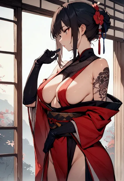 (masterpiece, Best Quality, High resolution),cowboy shot, vista, 1 girl, Alone, gloves, bare shoulders, Ninjas, japanese clothes, tattoo, BOOB LATERAL,  