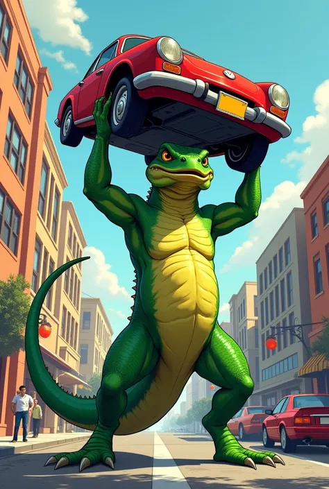 A lizard, The Super Hero Captain Calango. Protector of burgers and fries.
Lifting a car.