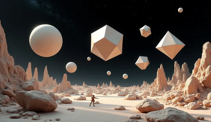 Floating geometrical 3d shapes levitating above ground on a weird landscape filled with old mechanical parts remnants from past civilization. Odd shapes of rock formations are scattered around. Its night time with pitch black sky full of stars and planets....