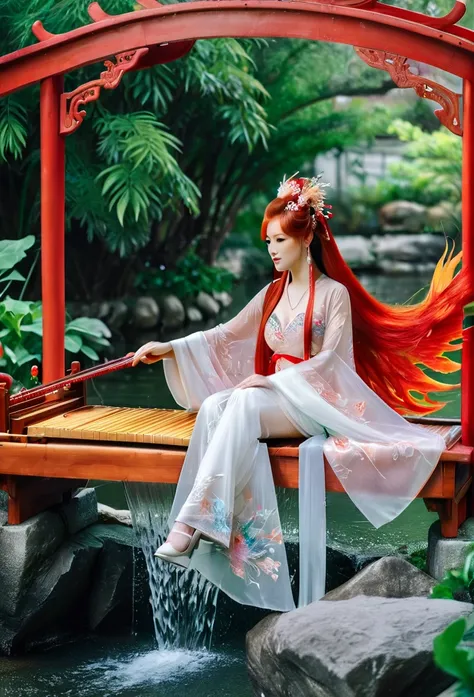 garden,Small bridge and flowing water,red phoenix woman,Flowing long red hair,Eichhornia,Present beauty,Elegant,Large Breasts,Present beauty的身材,Wearing a red phoenix costume,Sitting on the board,Solo Phoenix Guzheng.High resolution, masterpiece, best quali...