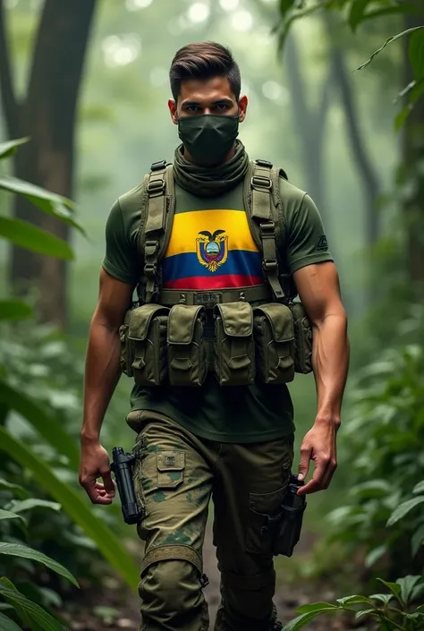 A young man from the university with a good physique and his face covered with a tactical military collar and also with military knowledge walking and the flag of Ecuador in the middle of his shirt and an Amazon jungle in the background
 


