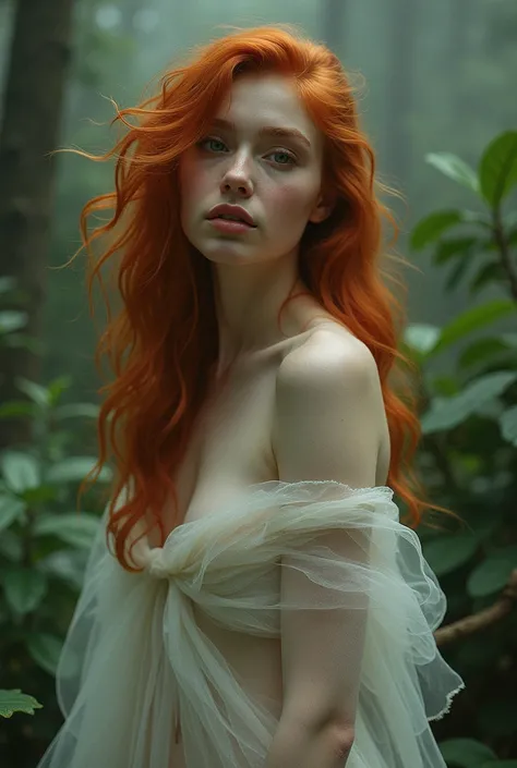 There is a woman with red hair posing in a forest, ethereal beauty, redhead girl, redhead goddess, in the forest, redhead woman, redhead, very ethereal, sensual woman, beautiful redhead woman, in the forest, wrapped in transparent fabric, mist, ethereal an...