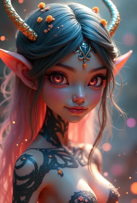 A cute young  naga girl, full body detailed, smiling,Anatomically Correct, Masterpiece, High Details, Tentacle Hair, Covering Ears, Devil Pupils, Fujifilm, Glowing Light, Image Fill, Sparkle, 3D Rendering, Fujicolor, Unreal Engine, 