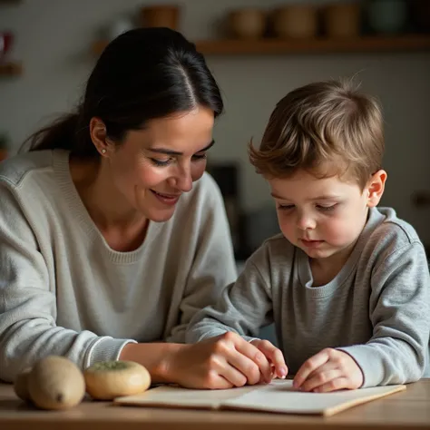 image of mother and son teaching him some skill with eyes with excellent definition and with a thinking face and as realistic as possible