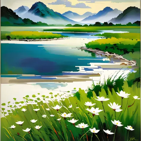 (aesthetic,extremely detailed,Wu-Guanzhong)oil painting of a serene landscape with vibrant colors,his signature brushstrokes, and meticulous attention to detail. The painting showcases a picturesque scenery, featuring majestic mountains, winding rivers, an...