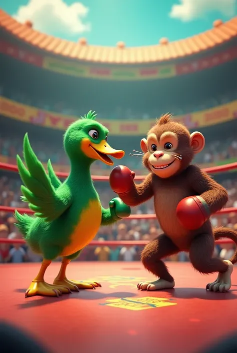 A green duck defeating a monkey in a boxing match