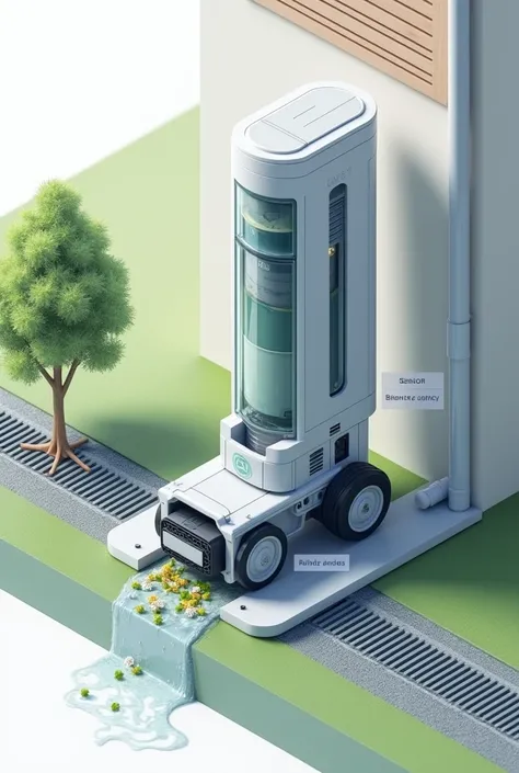 Make a drawing of isogrpahic and orthographic view of the invention drainage solution that looks like an automated drain/gutter cleaner. Label its parts. Include a sensor rotary motion and a garbage collecting function.