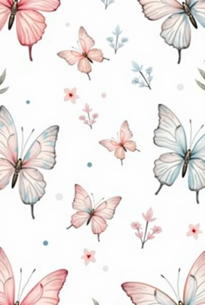 L(pattern rapport,pattern seamless, Pattern repetition) Create a watercolor illustration of a soft and delicate pattern featuring large and small butterflies in pastel shades of pink and blue on a light background. Include stylized flowers and leaves in ma...