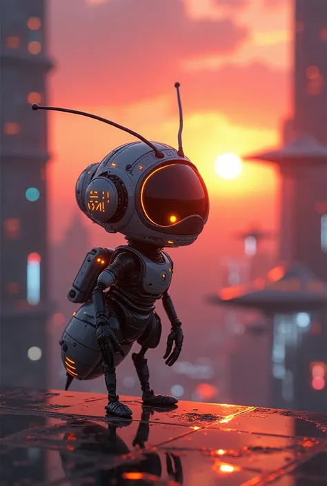 An ant in terrace with cyber helmet in sunset