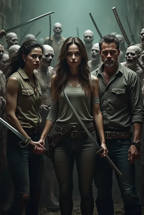 (photorealism:1.2), three adventurers Preity Zinta, Angelina Jolie and Brad Pitt surrounded by zombie women holding hands with katanas