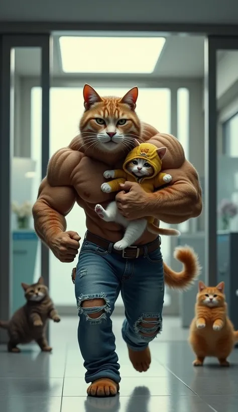 Create a photorealistic image of a six pack father cat wearing jeans outfit bursts through the doors of a cat hospital and screaming. A large hospital sign hangs above the doors. Inside, there’s a waiting area with a few cats seated, while the father cat r...