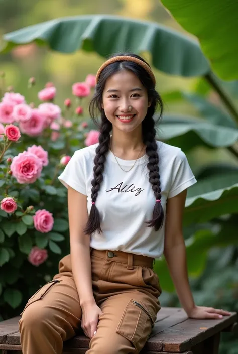 Create a full body beautiful Thai women smiling, wearing a white t-shirts with says " alliz " and brown cargo pants, and pink beautiful shoes,  black long braids hairstyles with brown headband, sitting on the bench garden with flowers rose and the right si...