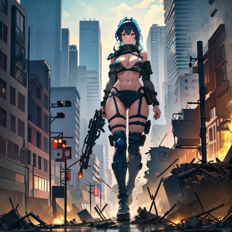 ((A huge black-haired female soldier in a camouflage bikini is walking through the valley of a destroyed city, holding a weapon))
Complex composition from below (Blue sky) ((Thunder clouds)) Masterpiece Anime style Delicate painting 4k 90s
Huge crowd ((sit...