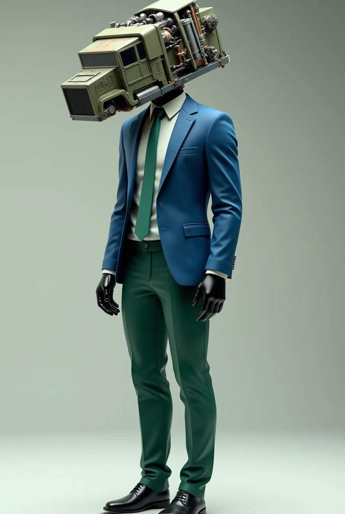 A humanoid being with the main characteristic of having a head replaced by a garbage truck, he wears a blue suit with a blue tie and green pants, he wears black leather gloves and shoes