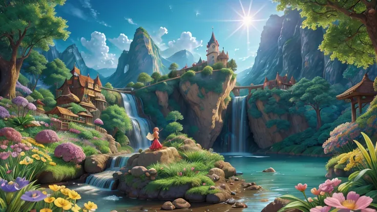 Close-up of a large magical waterfall, ultra detailed, High resolution, HdR, masterpiece:1.2, realist, vibrant colors, Disney-Pixar style, Realistic representation, magical environment, charming atmosphere, dream landscape, Inspired by fairy tales, bright ...