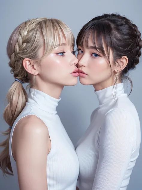 ((Highest quality)), ((masterpiece)), (High-definition photos), (upper ponytail, french braid), (Blonde), (bangs),  (beautiful girl:1.3), False eyelashes, (earrings), white sleeveless turtleneck dress with a ribbed texture and a bodycon fit, (white skin), ...