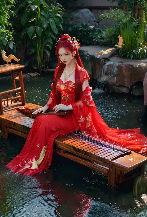 garden,Small bridge and flowing water,red phoenix woman,Flowing long red hair,Eichhornia,Present beauty,Elegant,Large Breasts,Present beauty的身材,Wearing a red phoenix costume,Sitting on the board,Solo Phoenix Guzheng.High resolution, masterpiece, best quali...