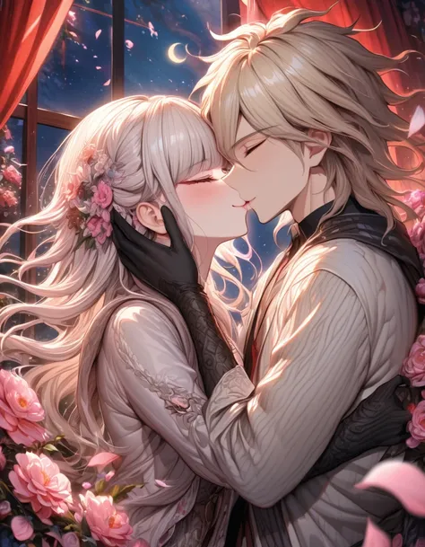 Ultra detailed, highres, absurdres, HDR, master piece, Aida, ash blonde hair with bangs, medium length hair, Danganronpa, black ribbon at the side of her hair, white cardigan with black patterns, Komaeda Nagito, white hair, closed eyes, couple, in love, pi...