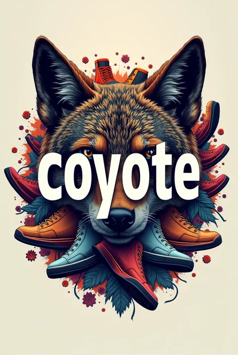 HORIZONTAL LOGO WITH A SHOE BACKGROUND, sneakers, SANDALS AND THREADS AND LET THE WORD BE CARRIED " coyote "