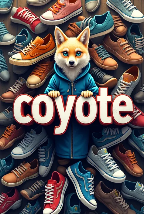 HORIZONTAL LOGO WITH A SHOE BACKGROUND, sneakers, SANDALS AND THREADS AND LET THE WORD BE CARRIED " coyote "