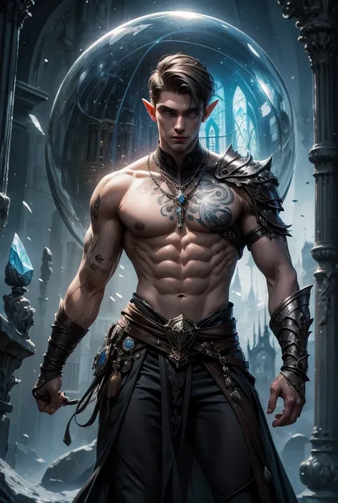 Absurdres, Masterpiece, Excellent, a tall handsome muscular young elf, male, solo, perfect facial features, (short hairstyle:1.5), sexy gaze, beautiful, gorgeous, wet, digital painting, (wizard), slimming, gray pupils, (floating crystal ball), wizard outfi...