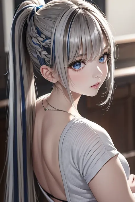 master piece,highres,4K.8k,Realistic,
full body,looking back,,
Greige hair, ((highlights hair, Blue streaked hair:1.0)),
braided bangs,high ponytail,
glamorous,
full body,full body,full body,
cropped shirt,wool shorts,