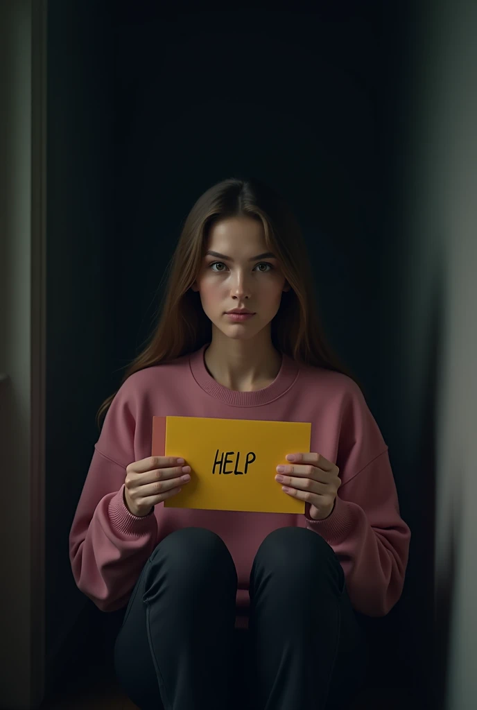 A woman with long, brown hair and fair skin , She is wearing a pink sweatshirt and black pants, she is sitting alone in a dark room  ,In her hand she has a yellow letter with the name help written on it , she is sitting