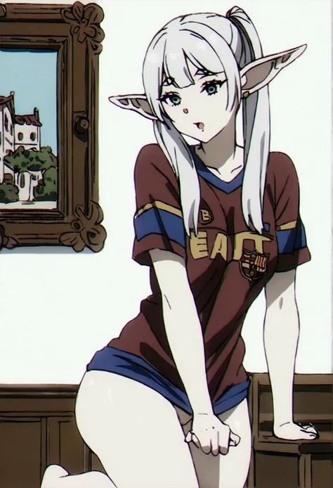 (best qualityer, work of art),sexually,  erotic, 18+, NSFW, 1 girl, 1 , dressed in the Barcelona shirt, elf ear 