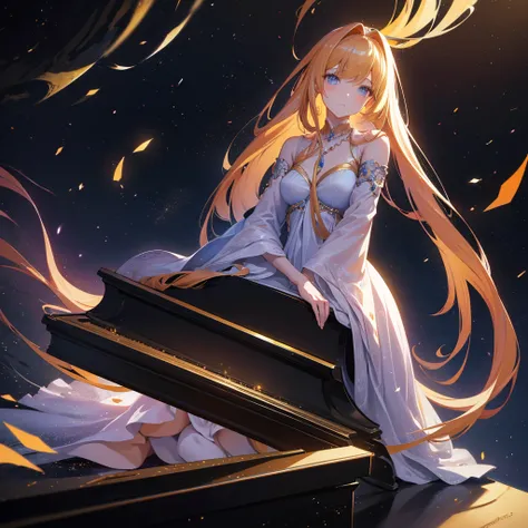 A beautiful young woman with long golden hair, wearing a dress, sitting at a grand piano in the middle of a serene cosmic landscape, with the moon in the background, playing the piano with graceful movements, (best quality,4k,8k,highres,masterpiece:1.2),ul...