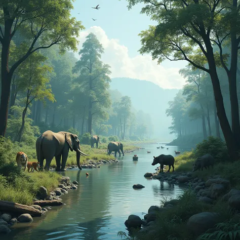 Help create a balance between forests and rivers, elephants drink water, wild boars,tiger,Things,bird,Wide and Lean