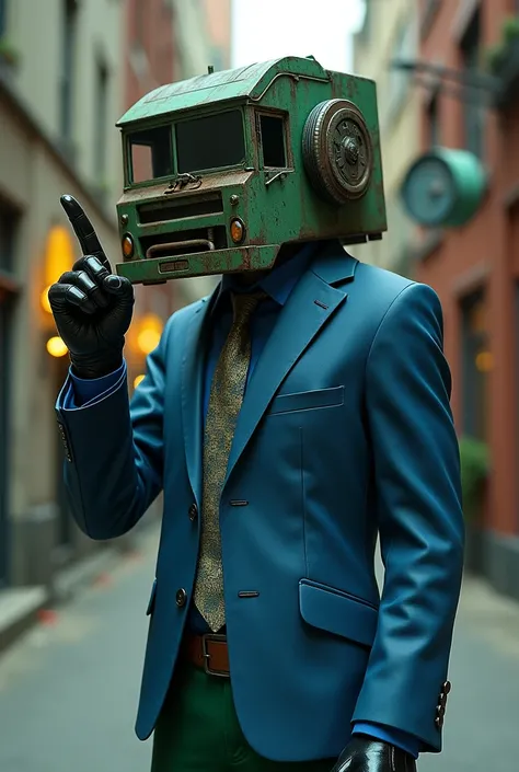 A humanoid being with the main characteristic of having a head replaced by a garbage truck, he wears a blue suit with a blue tie and green pants, he wears black leather gloves and shoes, he is doing the middle finger.