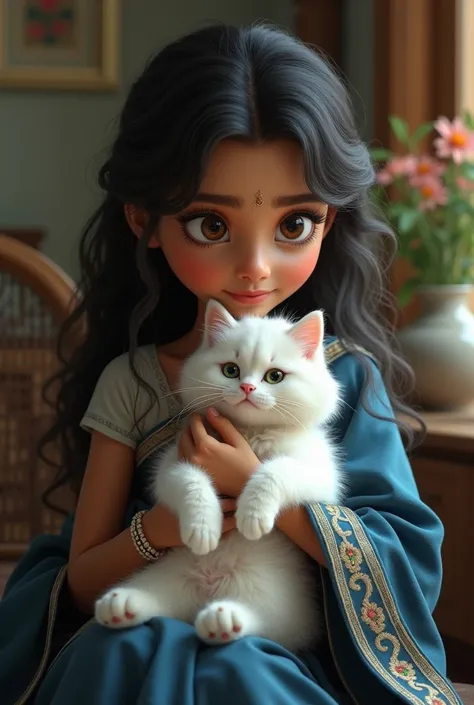 A black curly haired Indian girl wearing a dark blue saree holding a white cat 