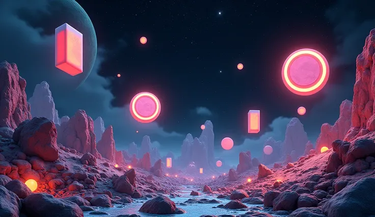 Floating geometrical 3D shapes levitating above ground on a weird landscape filled with old mechanical parts remnants from past civilization. Odd shapes of rock formations are scattered around with glowing neon lights emerging from the ground. Its night ti...