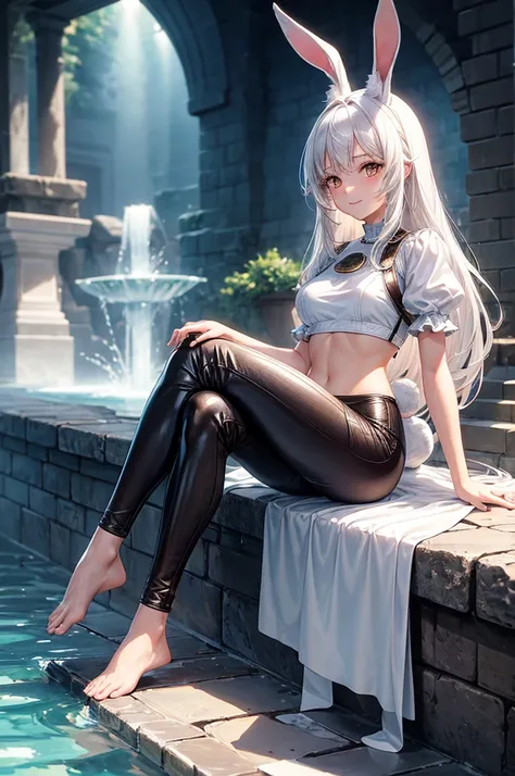 ((masterpiece,best quality)),1girl, solo, fit body, animal ears, rabbit, barefoot, sitting comfortably, leather pants, leather crop top, sitting, rabbit ears, short sleeves, looking at viewer, stone brick floor, large mansion in the background, long white ...