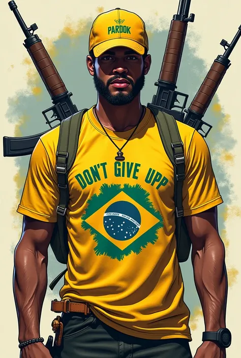 A man wearing a yellow cap like a free fire game with a yellow Brazil t-shirt with a doll in Brazil written &quot;pardok&quot; on the t-shirt illustrated with weapons behind the illustrated character around illusions written &quot;don&#39;t give up&quot;