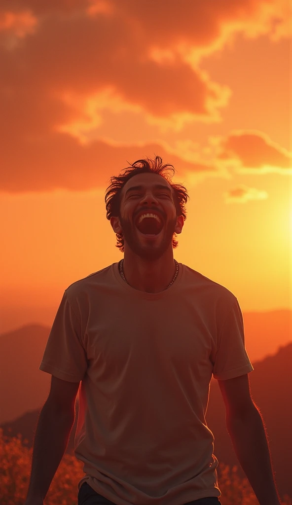 A man person who is laughing as if free from problems, a confusing atmosphere with a unique panoramic background, there is a reddish yellow bias in the sky and an atmosphere that is rarely known to humans man.