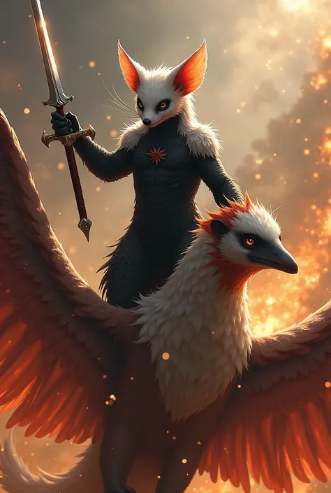 A black-eared opossum with a sword on top of a phoenix 