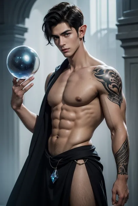 Absurdres, Masterpiece, Excellent, a tall handsome muscular young elf, male, solo, perfect facial features, (short hairstyle:1.5), sexy gaze, beautiful, gorgeous, wet, digital painting, (wizard), slimming, gray pupils, (floating crystal ball), wizard outfi...