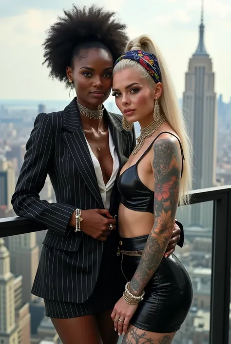 Two russian old milf women: the dominant aggressive dark skinned  black woman in business pinstripe cropped blazer, pinstripe pencil skirt and white silk blouse, long nails and afro hair, standing up with separated legs and possessive stance showing off he...