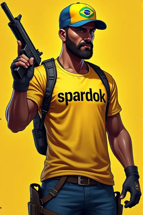 ((best quality)), ((masterpiece)), (detailed), perfect face a free fire game character wearing a yellow Brazil t-shirt with the word sspardok written on the cap with the word separdok and also illustrated with a gun holding it behind him having half brown ...