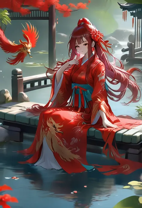 garden,Small bridge and flowing water,red phoenix woman,Flowing long red hair,Eichhornia,Present beauty,Elegant,Large Breasts,Present beauty的身材,Wearing a red phoenix costume,Sitting on the board,Solo Phoenix Guzheng.High resolution, masterpiece, best quali...