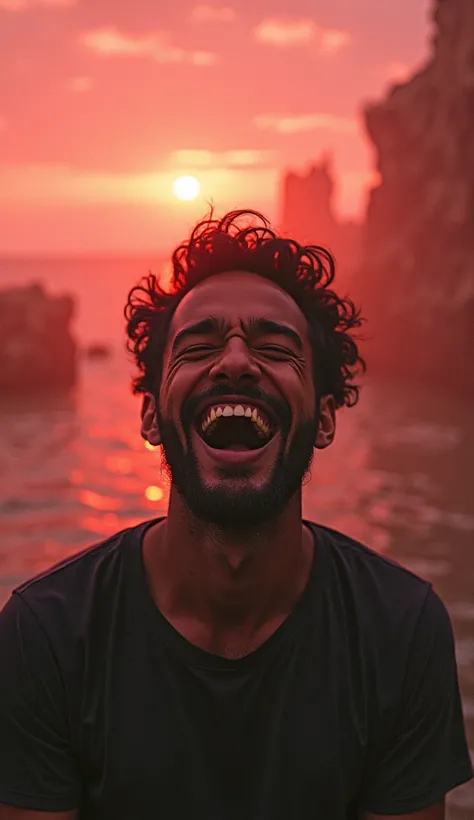 A man person who is laughing as if free from problems, a confusing atmosphere with a unique panoramic background, there is a reddish white bias in the sky and an atmosphere that is rarely known to humans man.