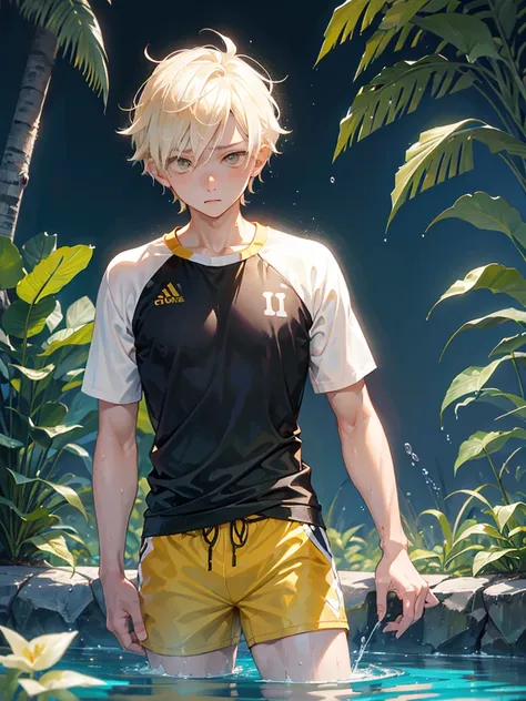 1boy, kenma, haikyuu, base in manga, handsome, sad, water, wet, night, jungle, white petals, yellow color hair, swimming outfit