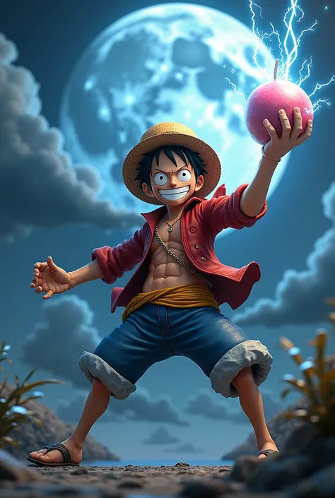 LUFFY FROM ONE PIECE HOLDING THE GOMU GOMU NO MI, WHILE IT IS TRANSFORMED INTO GEAR FIVE ,HOLDING A LIGHTNING STRIKE IN THE RIGHT HAND,SMILE ON A FULL MOON NIGHT WITH A FLOATING ISLAND IN THE BACKGROUND 