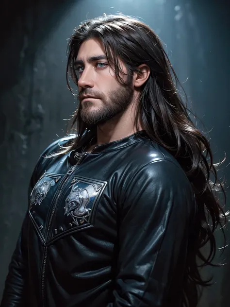 ((An attractive man with perfect body with dark brown hair and blue eyes with a serious and mysterious look)), (Jake Gyllenhaal), ((one man)), (((Wearing headbanger metal fan clothes))), (((punk style))), ((absurdres)), (masterpiece 1.3), (incredibly detai...