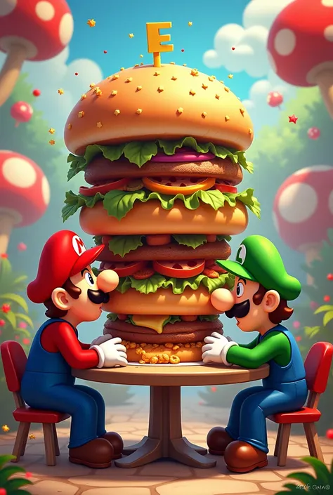 Mario Bros eating giant burger
